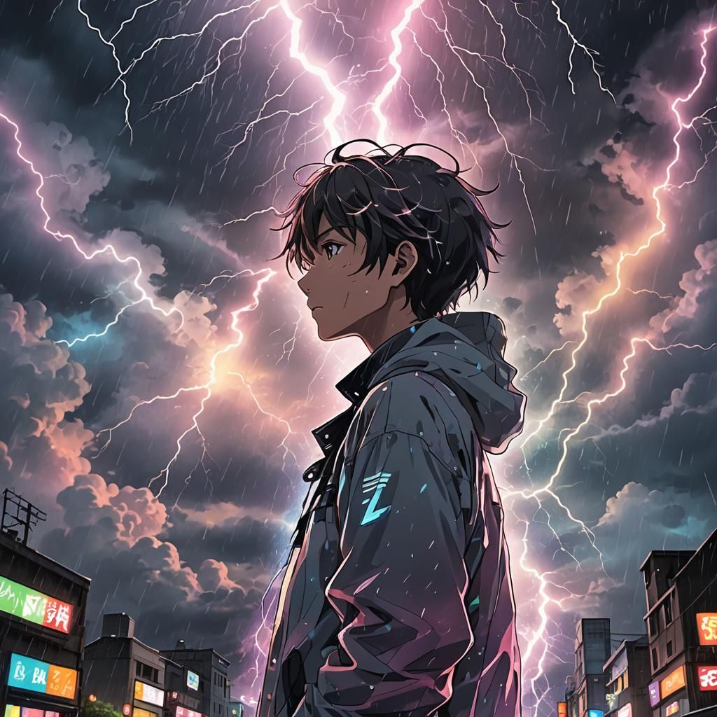 Vibrant Anime Art: Stormy Sky Rainbow Lightning