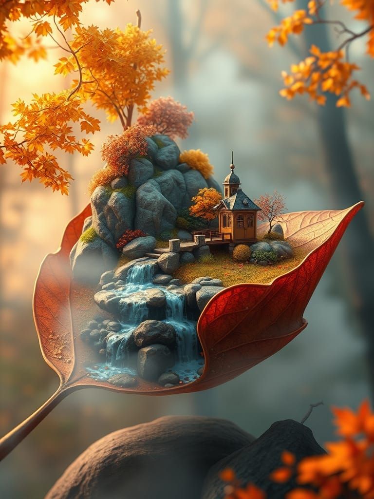 Miniature Autumn Waterfall Landscape with Golden Accents