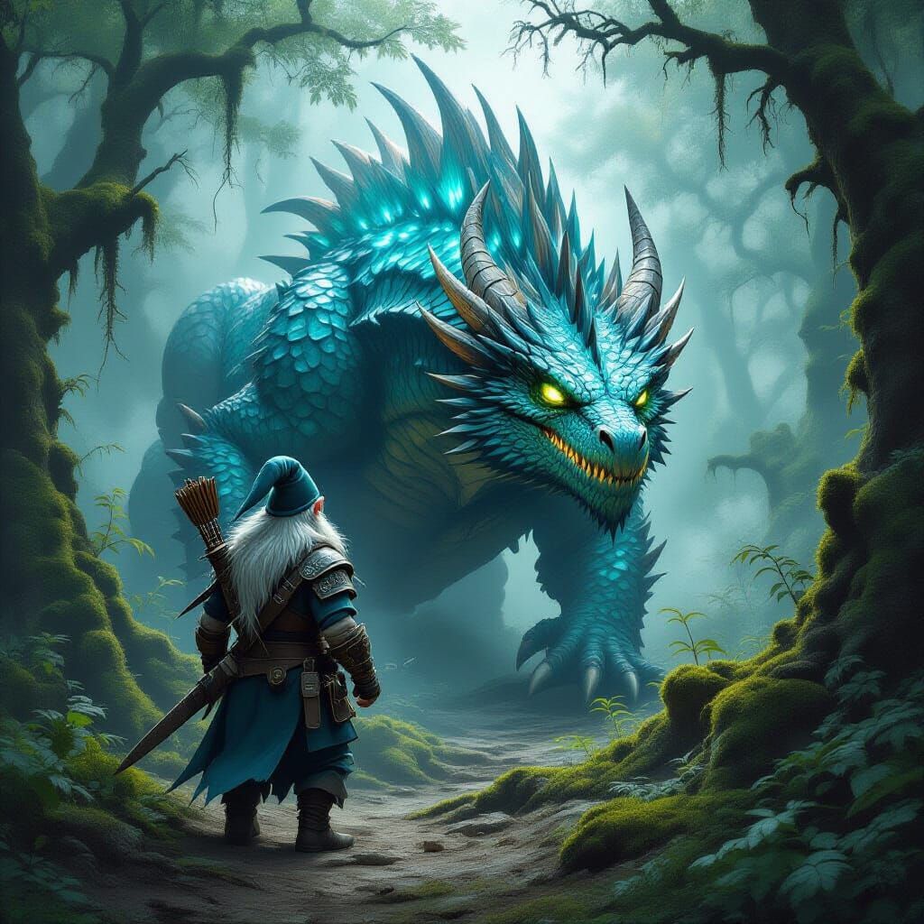 Gnome Hunter Tracking Bioluminescent Dragon