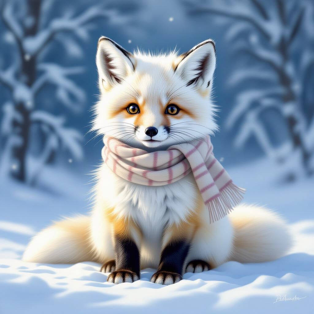 Baby White Fox in Snowy Scene, Detailed Illustration