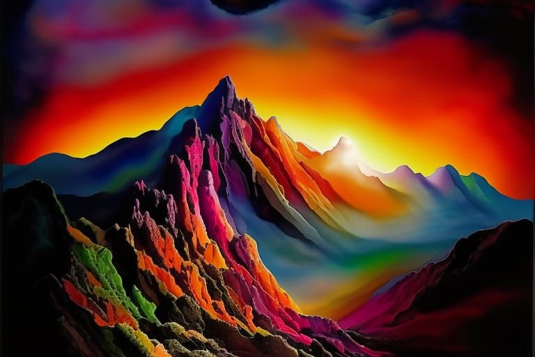 Psychedelic Mountain Sunset in Surreal Alcohol Ink Style