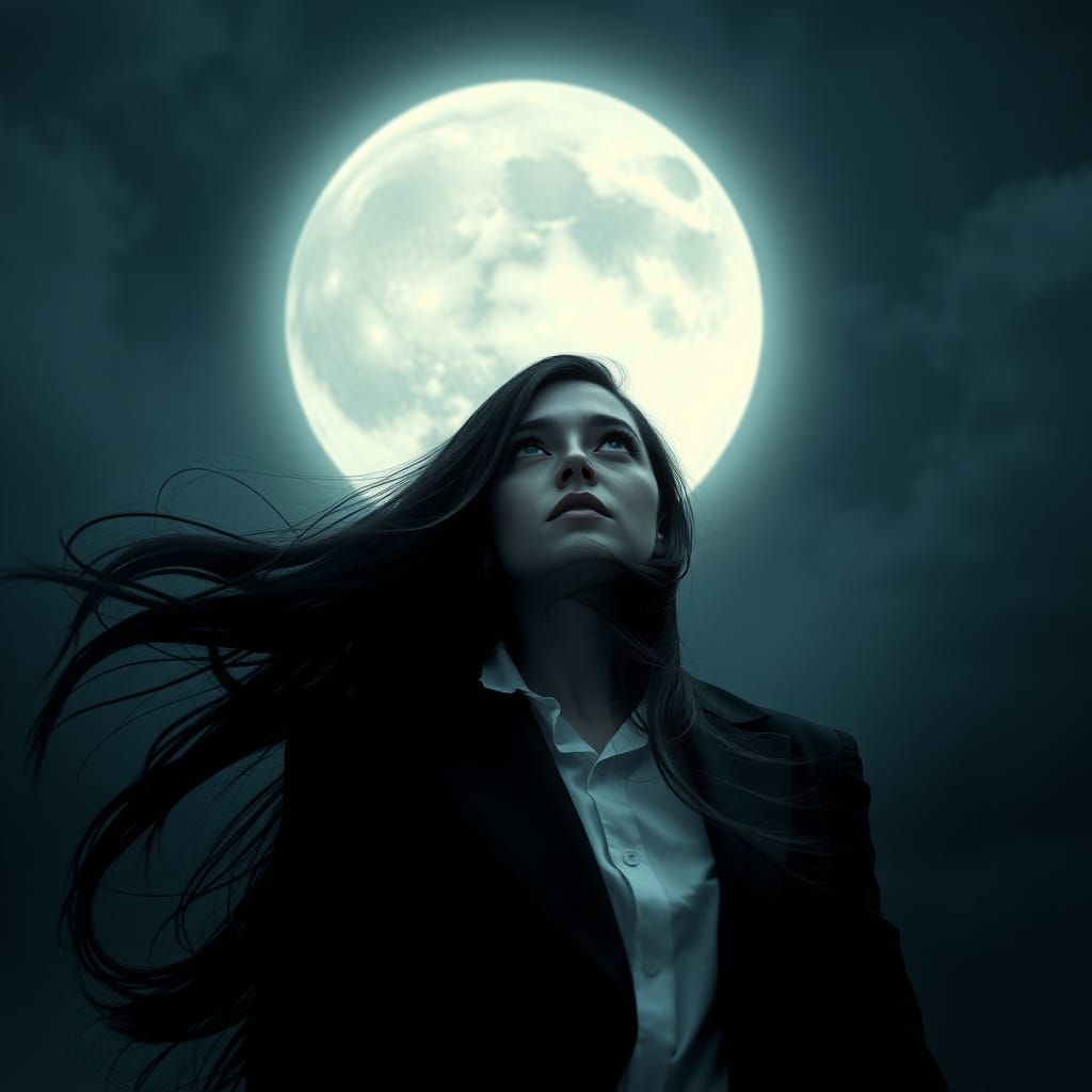Ethereal Horror: Woman Stares Up at a Haunting Full Moon