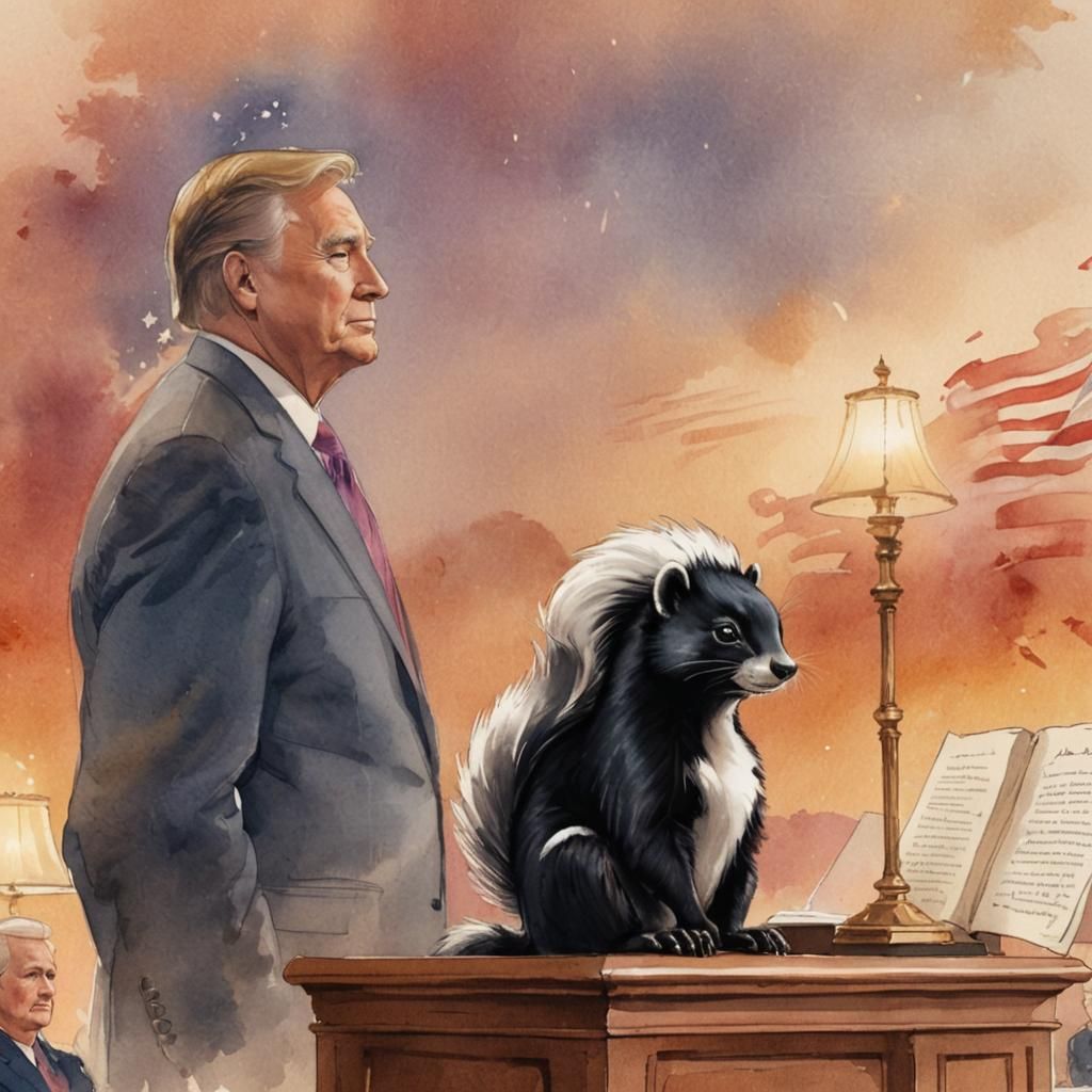 Skunk Listens to President Speech in Watercolor Style