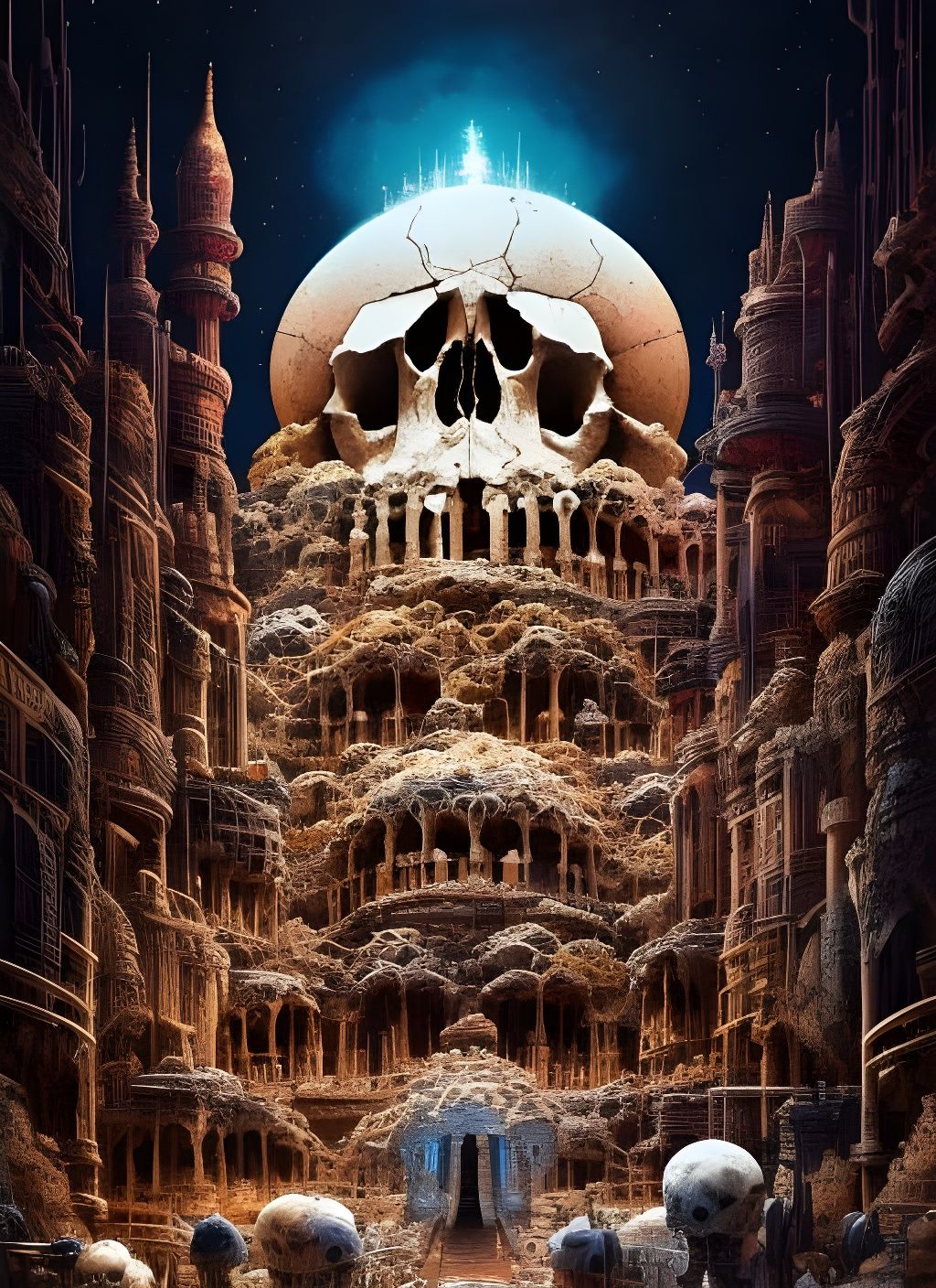 Monumental Skull Made of Skulls: Gritty Watercolor