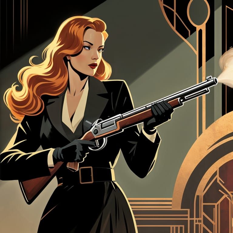 Art Deco Detective Wields Lever Action Gun in Realistic Styl...