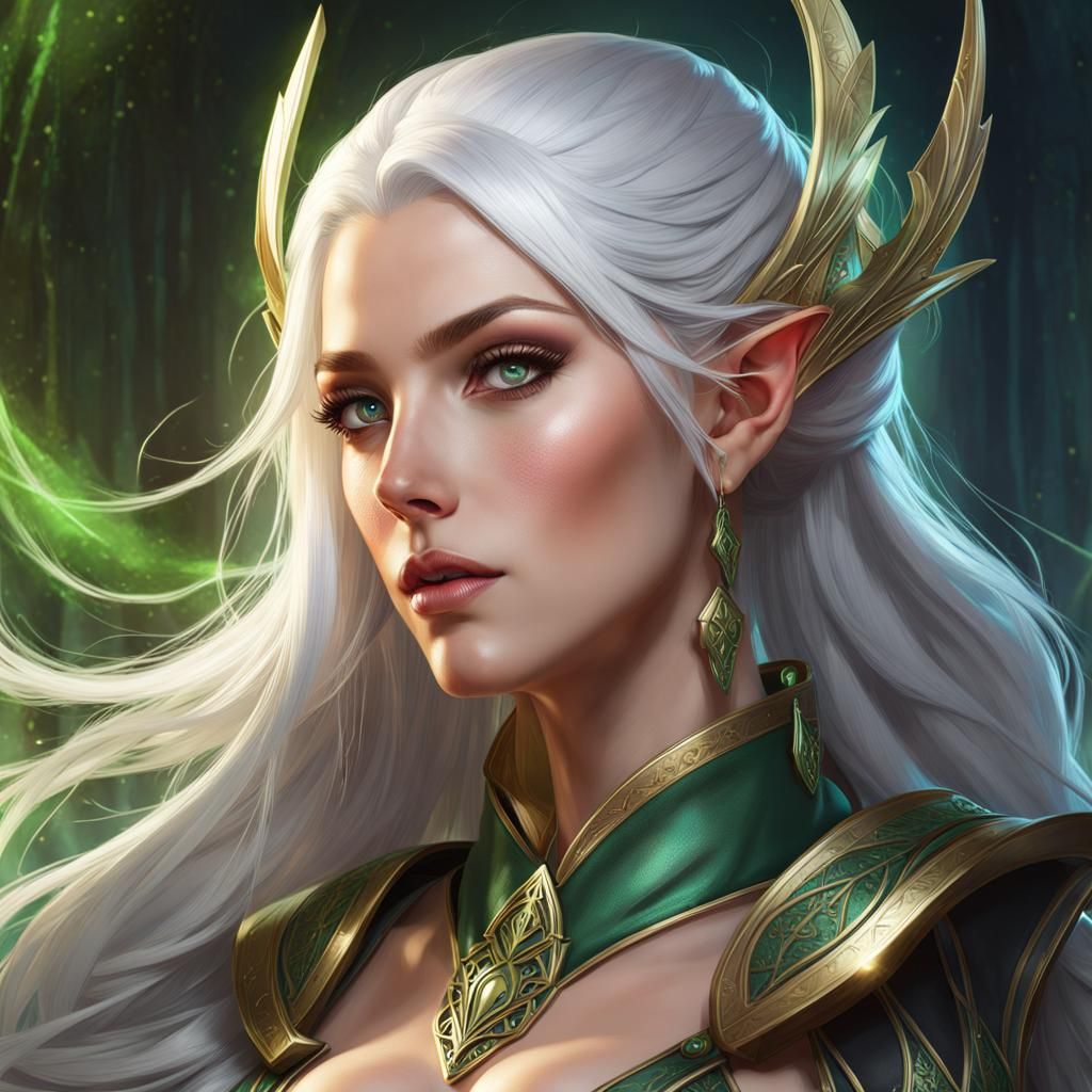 White-Haired Elf Cleric Portrait in Digital Art Style