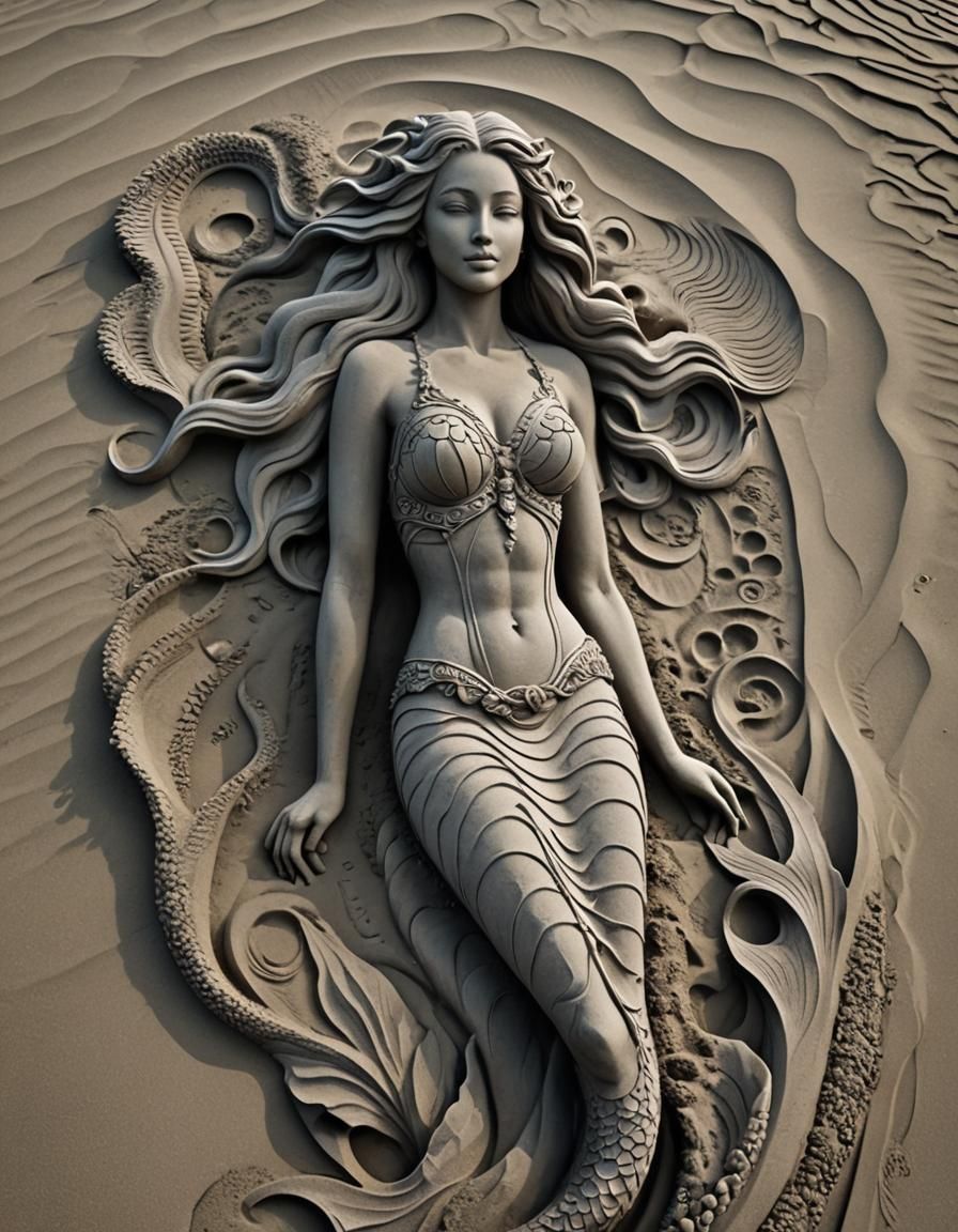 Impressive Sand Mermaid Sculpture on Grey Sandy Beach