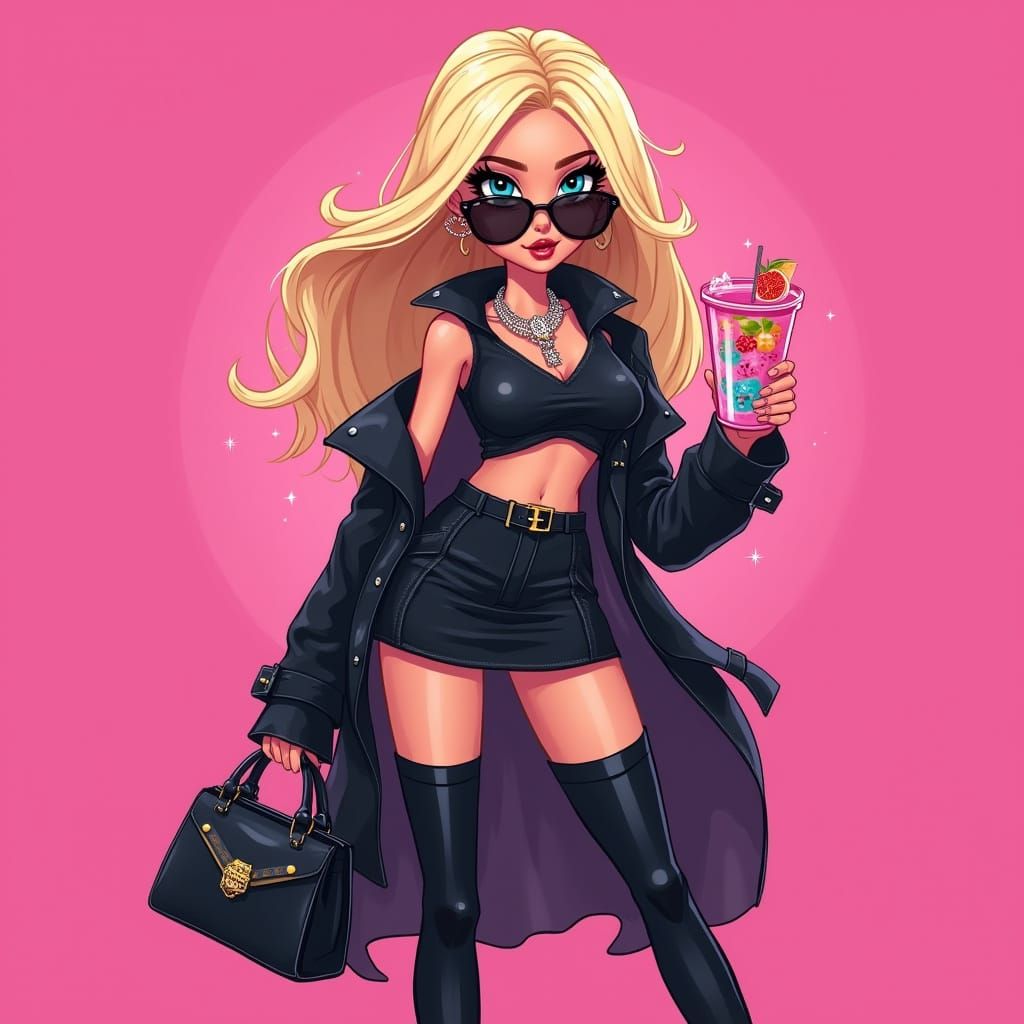 Bold Anime-Inspired Girl in Bright Pink Background