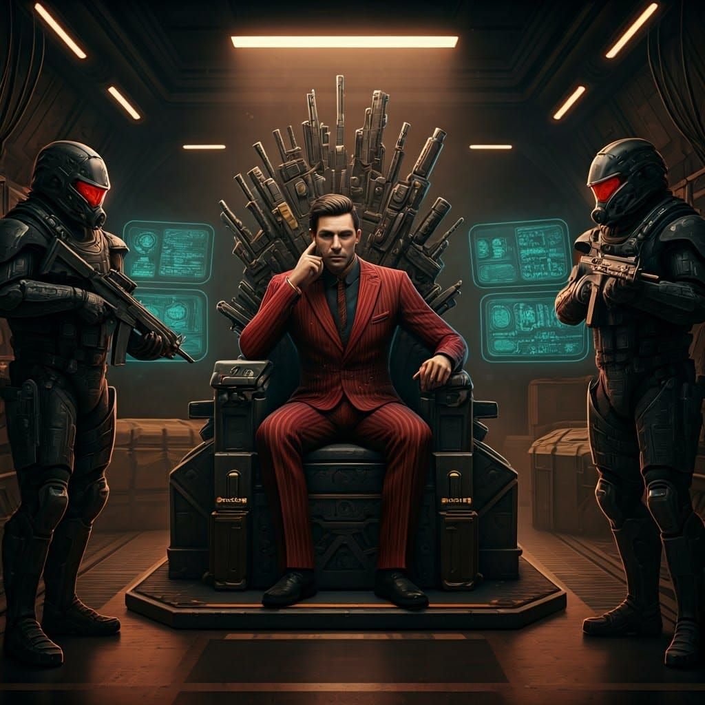 Cyberpunk Smuggler on Throne of Weapons