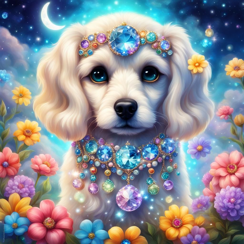 Mystical Bejeweled Dog Under a Starry Night
