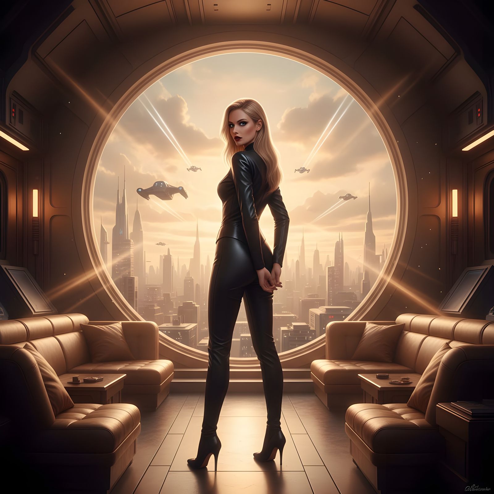 Sci-Fi Woman Overlooks Futuristic City at Sunrise