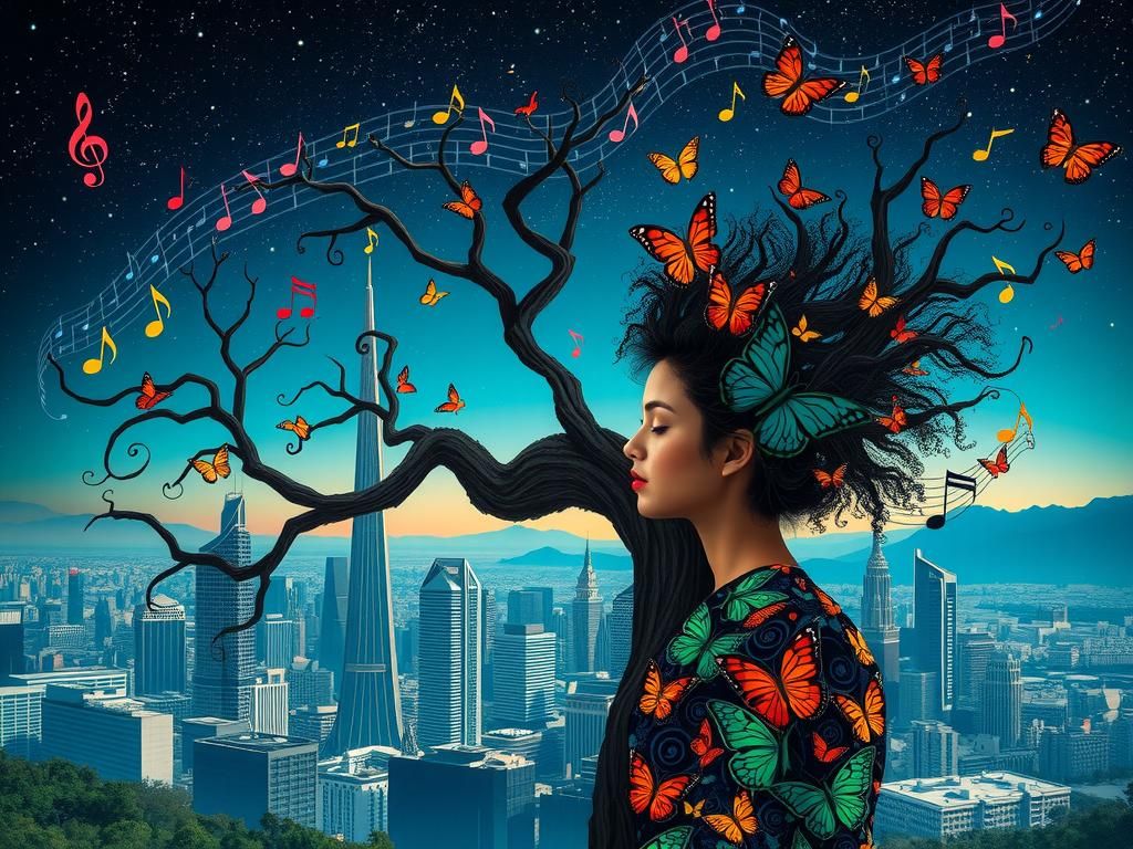 Surreal Musical Tree and Cityscape