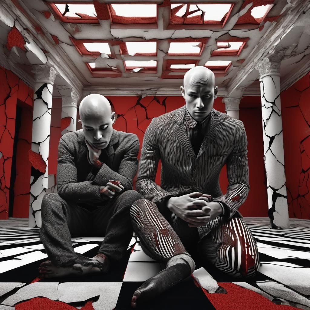 "generate a photo, a woman and a man back to back black striped skin, bald, undressed with cracked porcelain skin, eyes ...