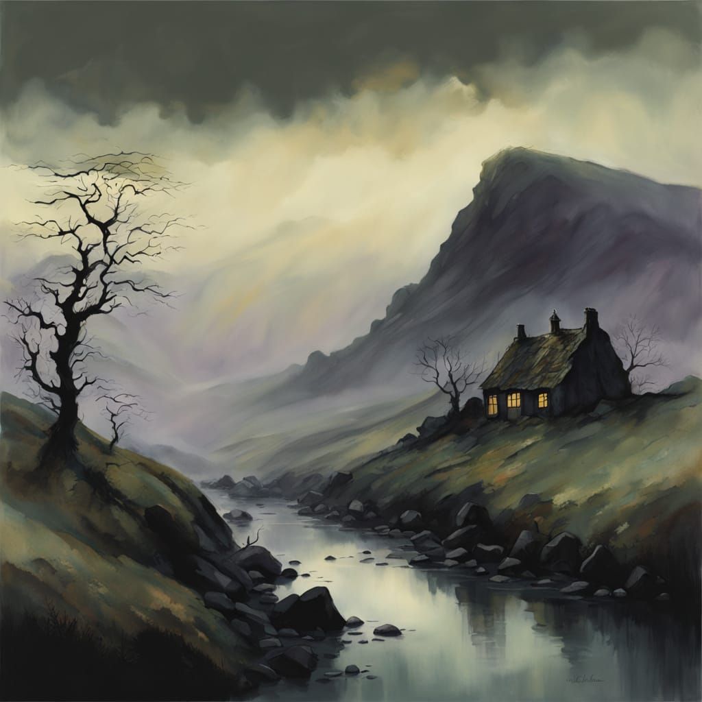 Ethereal Scottish Highlands at Dusk in Watercolor