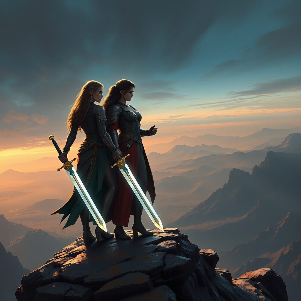 Armored Women Survey Desolate Landscape, Fantasy Oil Paintin...