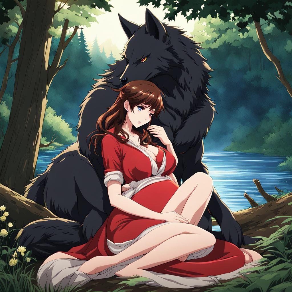 Werewolf Cuddling Pregnant Woman in Anime Style
