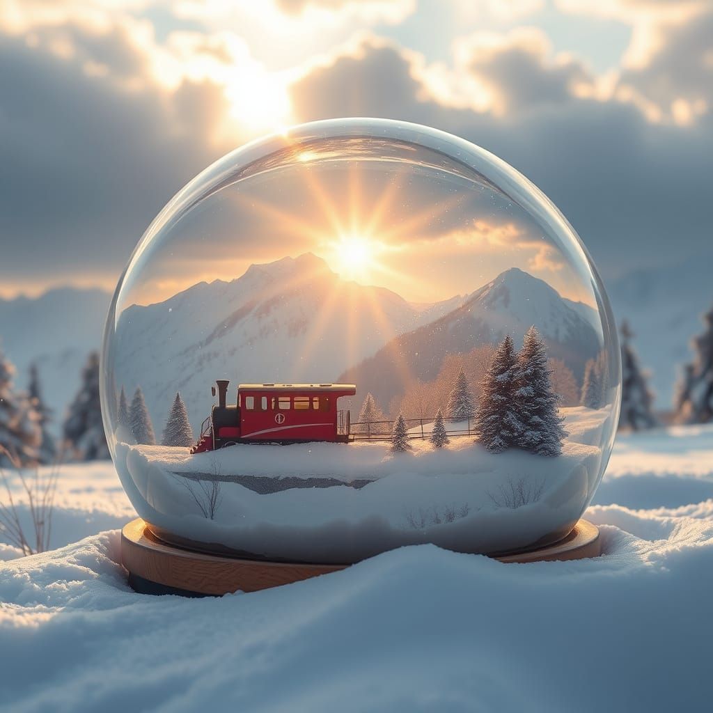 Tranquil Train in Serene Snow Globe Landscape