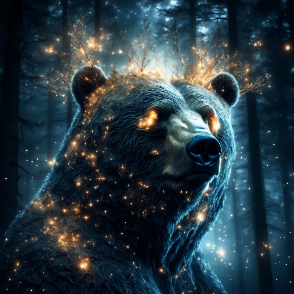 Luminous Bear Holding a Forest, Digital Art