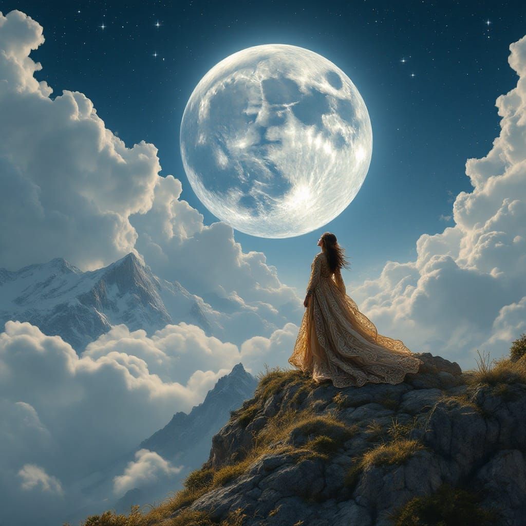 Woman Contemplating the Majestic Moonlit Landscape