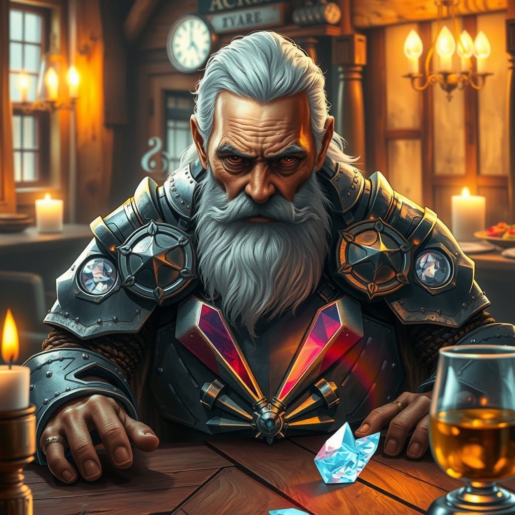 Dwarf in Crystal Armor at Tavern, Steampunk Style