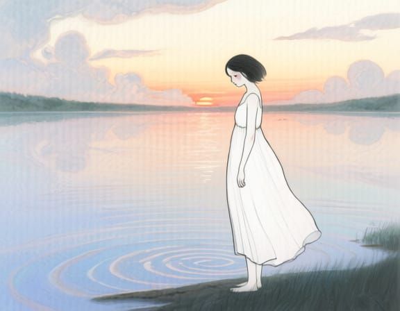 Lonely Figure at Sunset: One-Line Watercolor Art