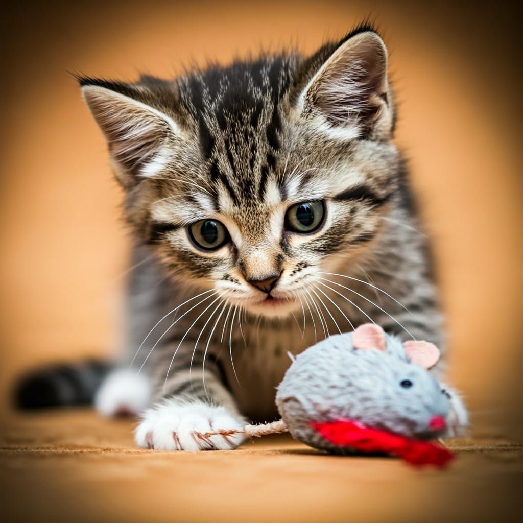 Hyperrealistic Kitten Plays with Toy Mouse