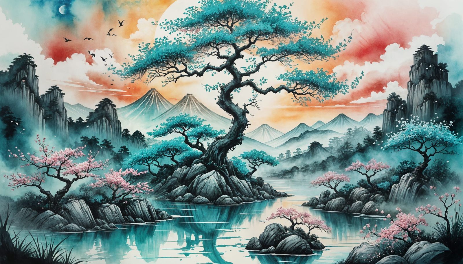 Surreal Turquoise Zen Garden in Japanese Ink Style