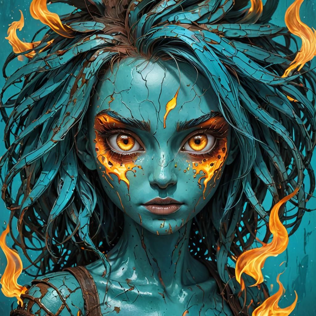 Stylized Flame Character on Cracked Metal