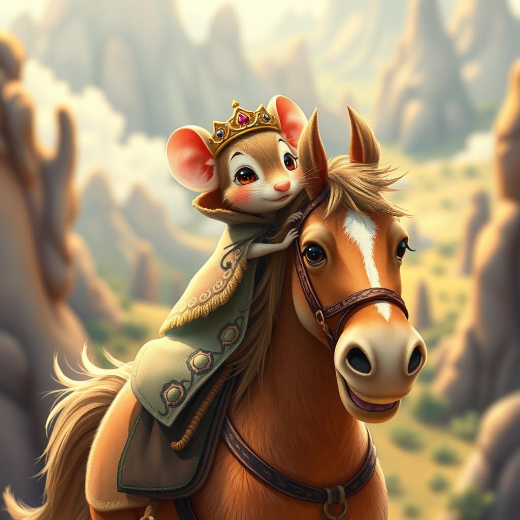 Whimsical Mouse Ruler on Exaggerated Horse in Fantastical La...
