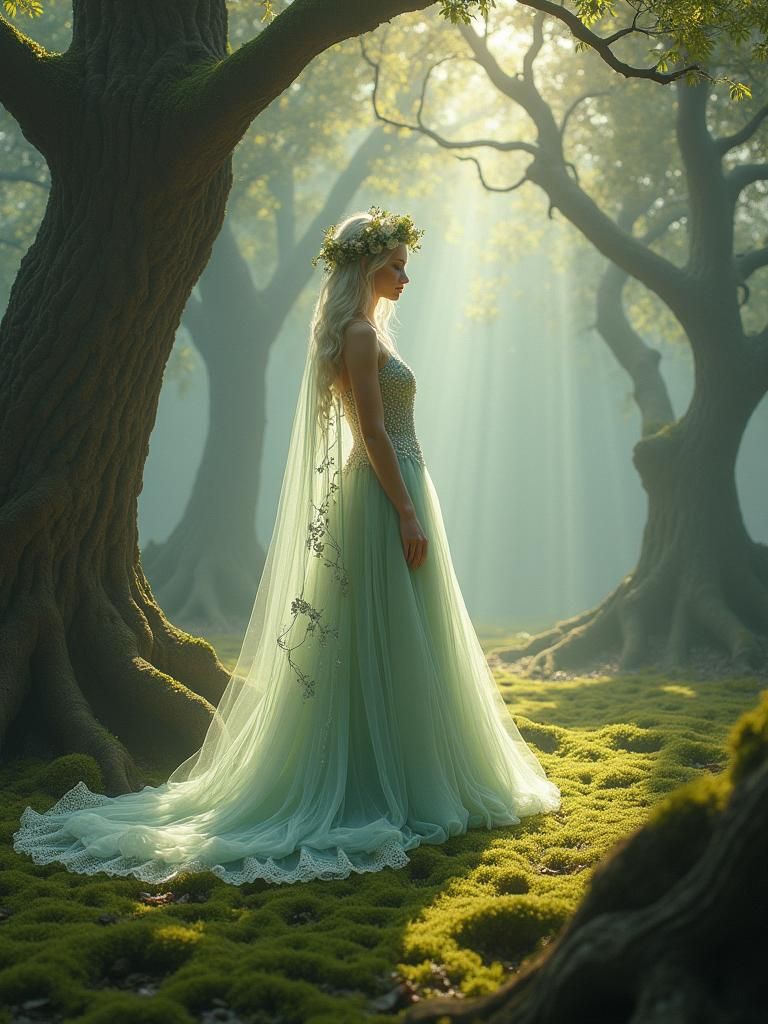 Albino Bride in Misty Woodland, Matte Painting Style