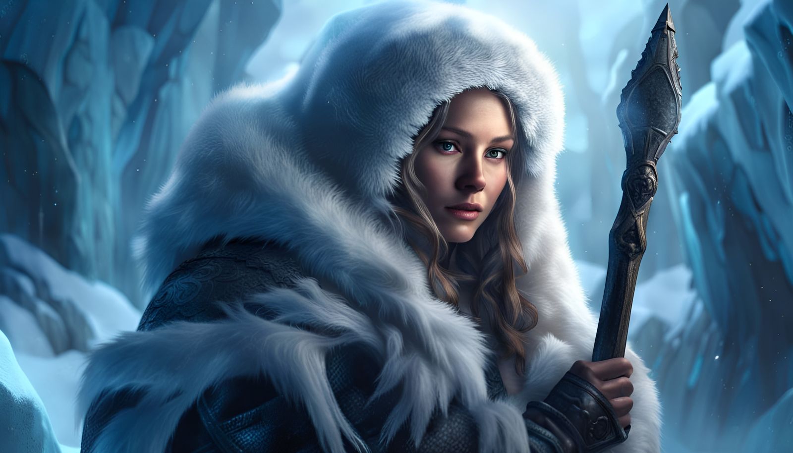Female Wizard Exploring Ice Cave in Splash Art Style