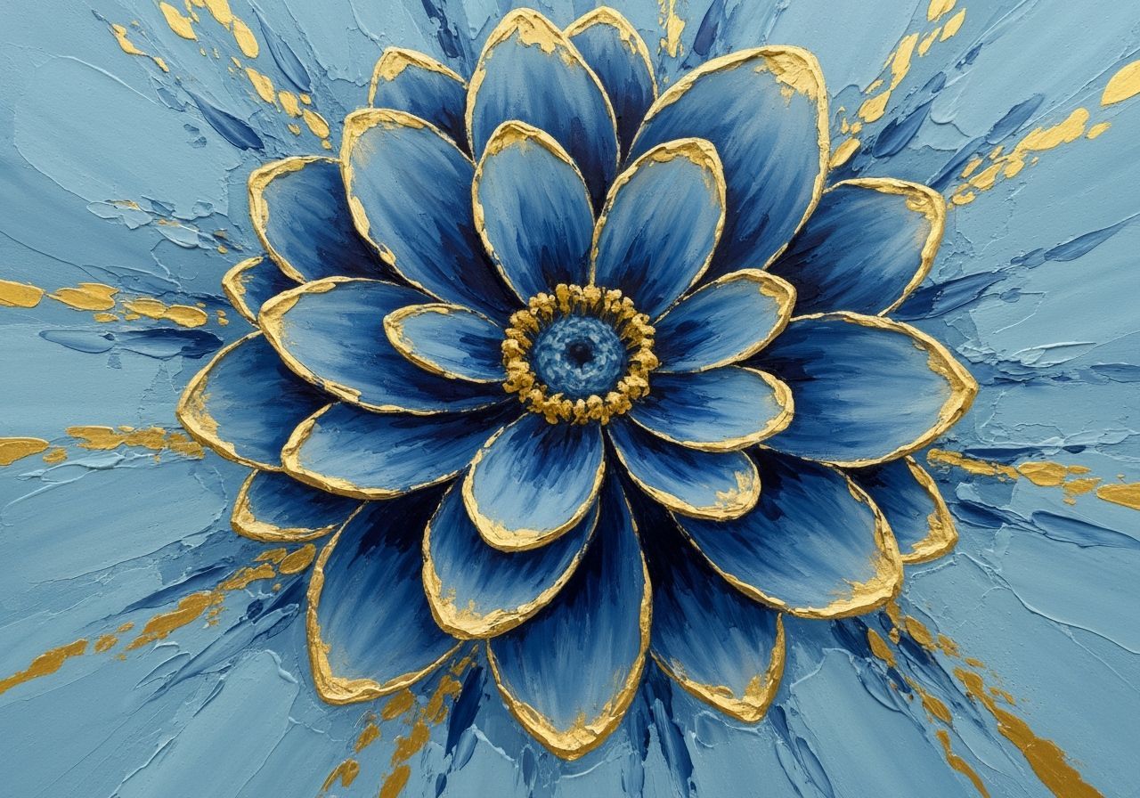 Abstract Flower in Blue and Gold Impasto Style