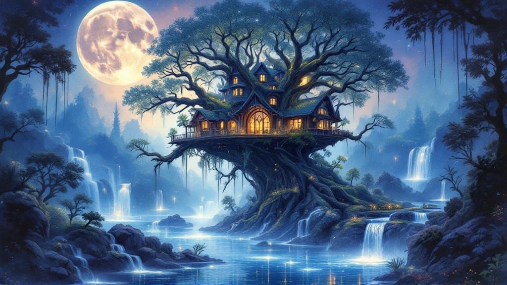Lunar Treehouse in Primeval Forest Dreamscape