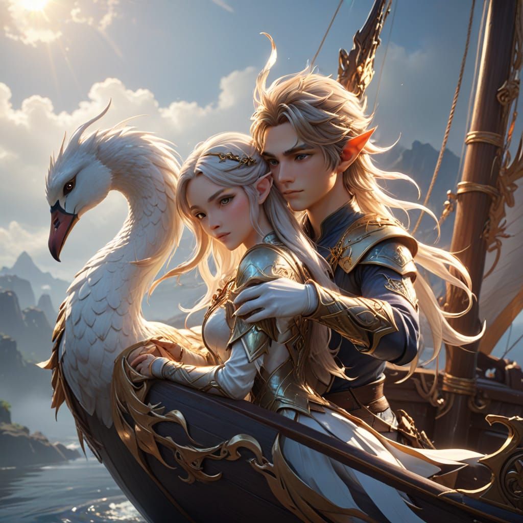 Elven Embrace on a Swan Ship: Anime Style