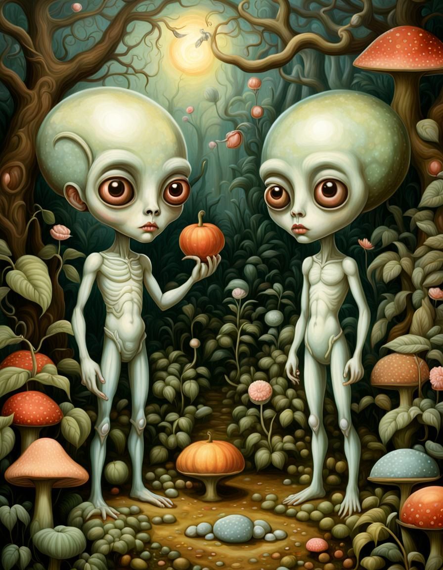 Adam and Eve as Grey Aliens in Eden: Surreal Art