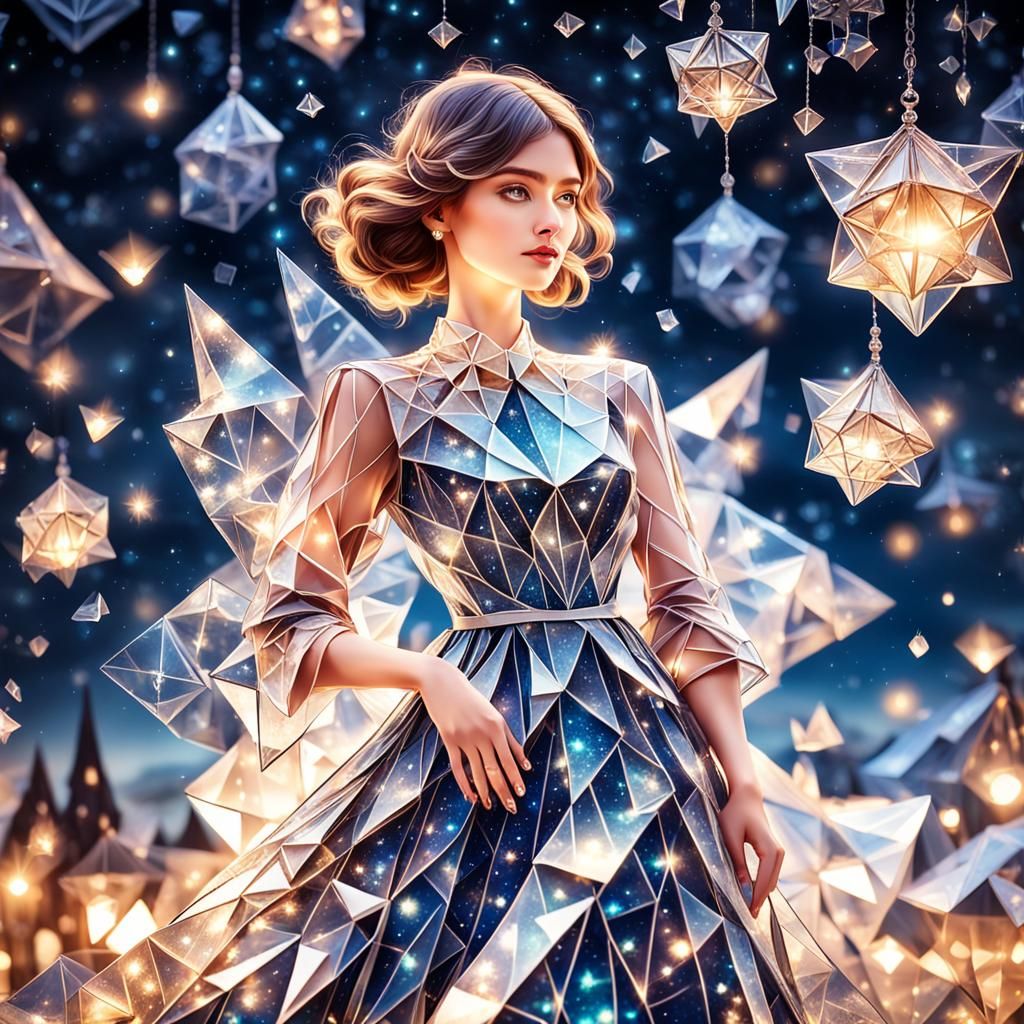 Woman in Glass Dress Against Night Sky