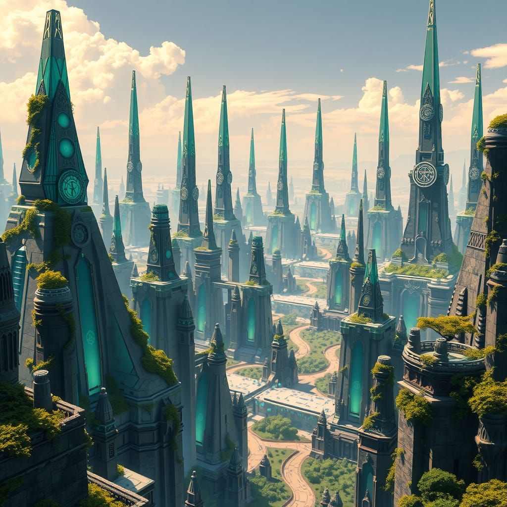 Futuristic Metropolis with Ancient Symbols and Vibrant Veget...