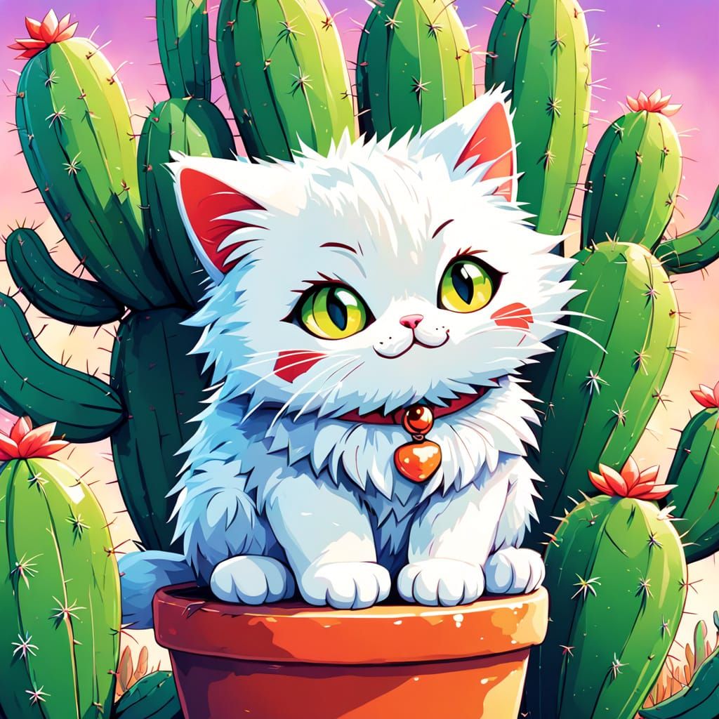 Pixel Art Cat on Cactus Pot with Tinsel