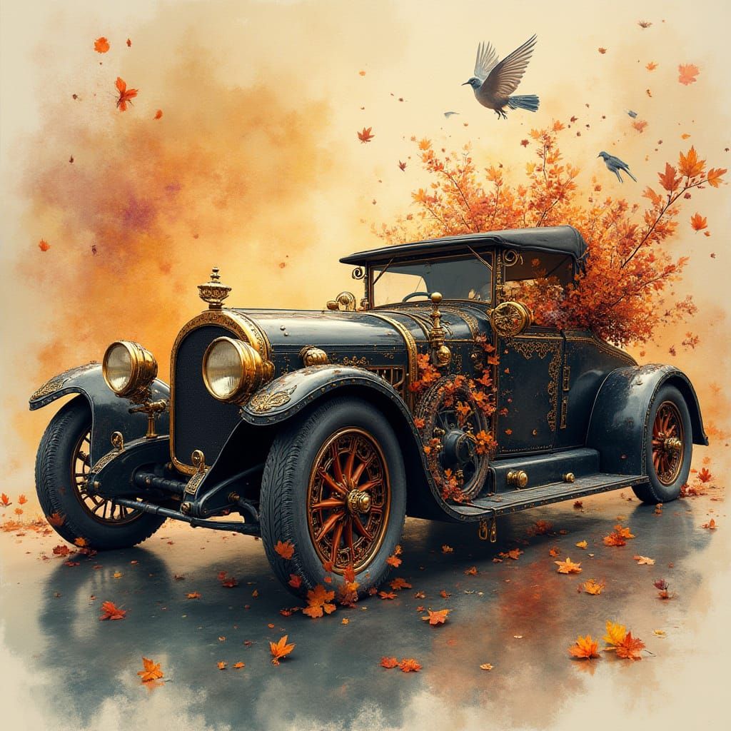 Steampunk Autumn Car with Ornate Filigree in Watercolor Styl...