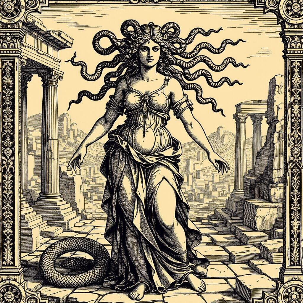 Medusa in Ruins: Albrecht Durer-Style Woodcut