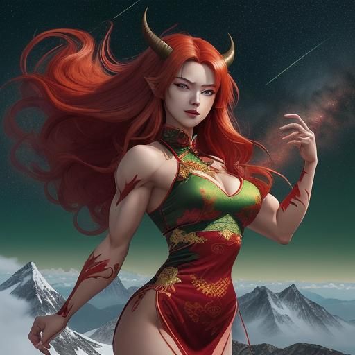 Muscular Demon Woman in Qipao Flying in Anime Style