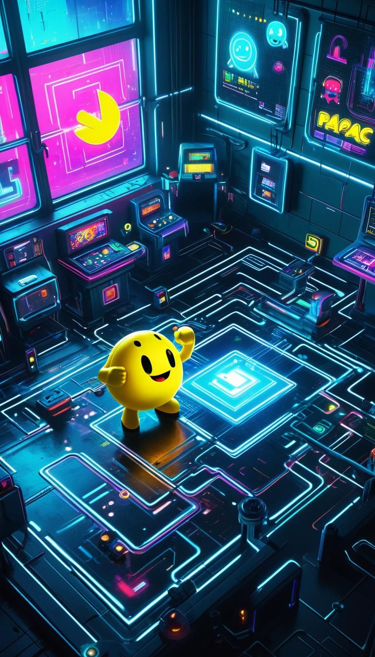 Cyberpunk Pac-Man Shakes Fist in Futuristic Lab