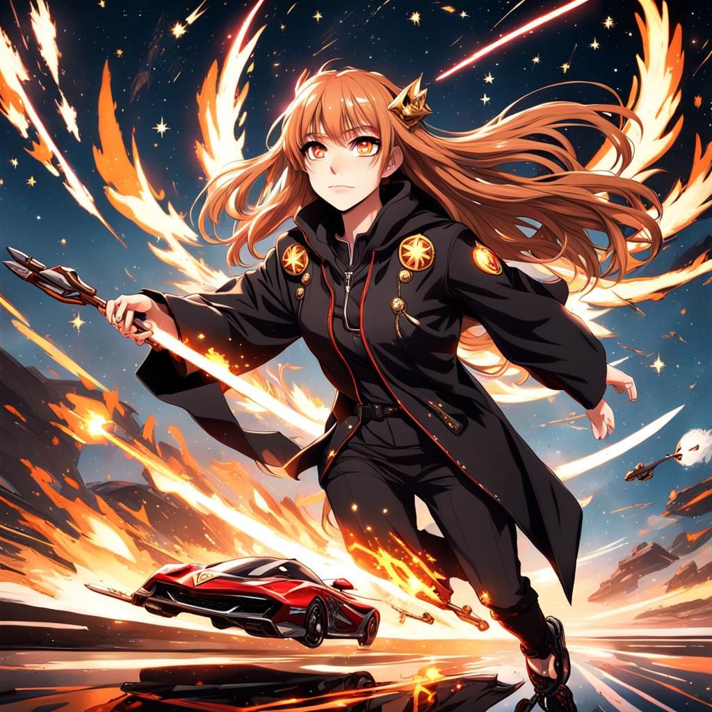 Anime Girl Races in Celestial Car with Shooting Stars
