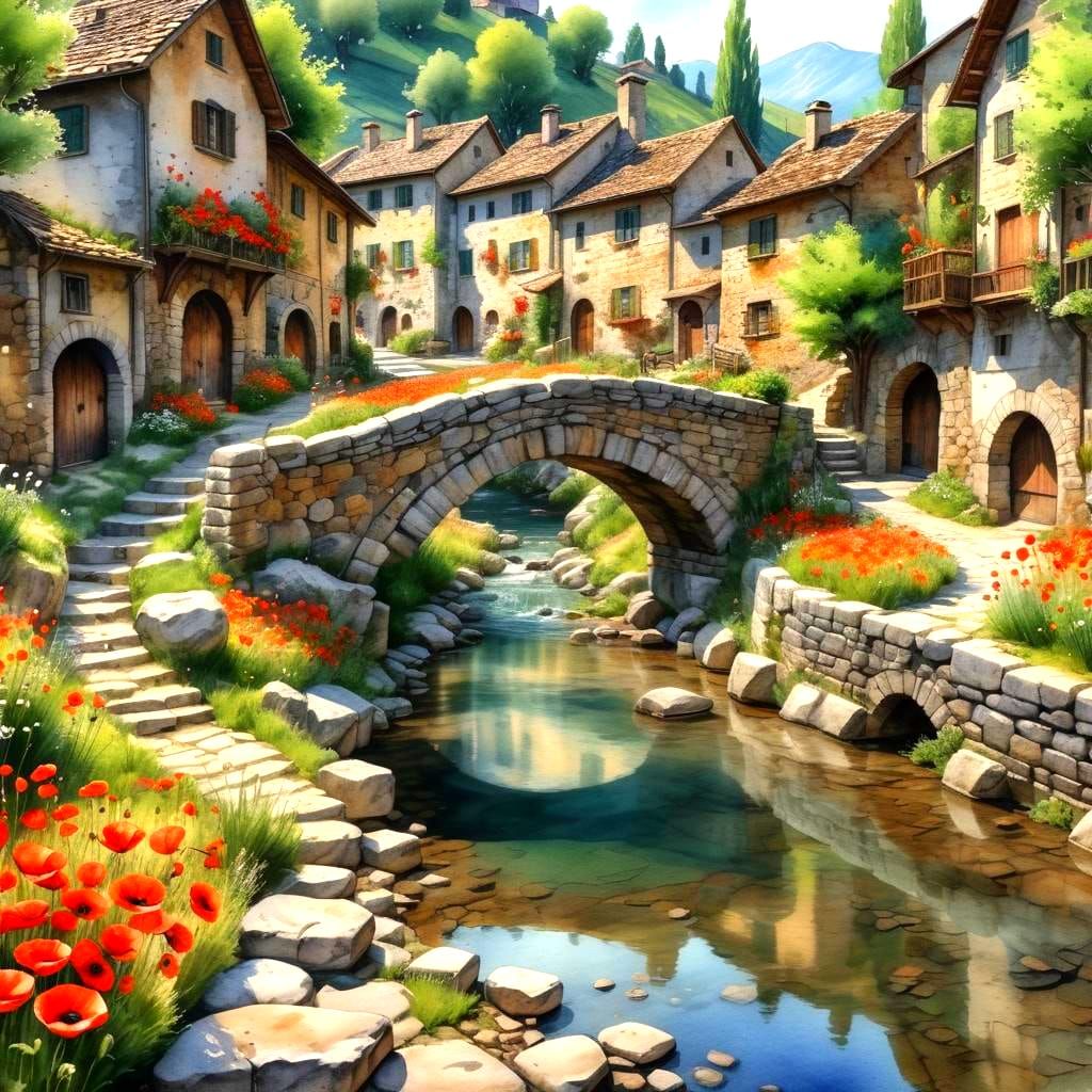 Idyllic Italian Village in Watercolor and Ink