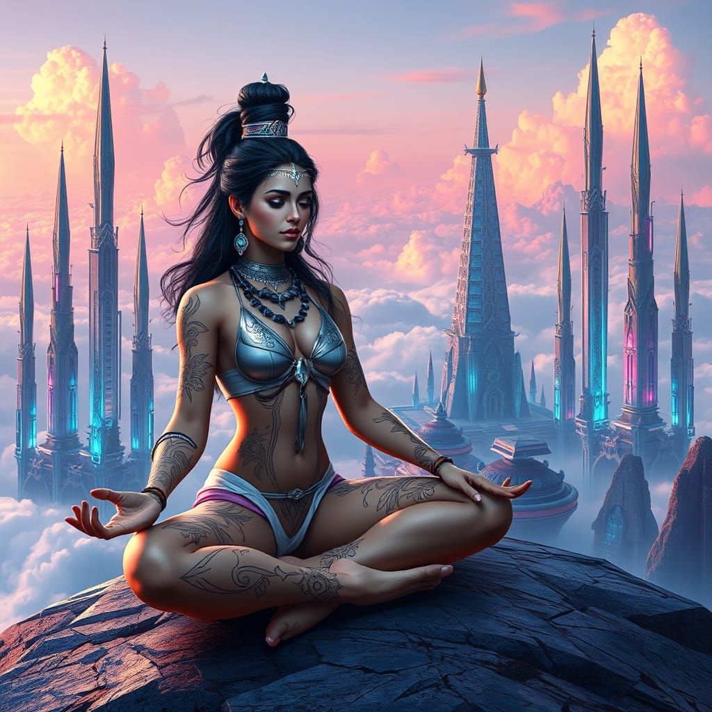 Futuristic Indian Woman and Shiva Meditating in Sky City