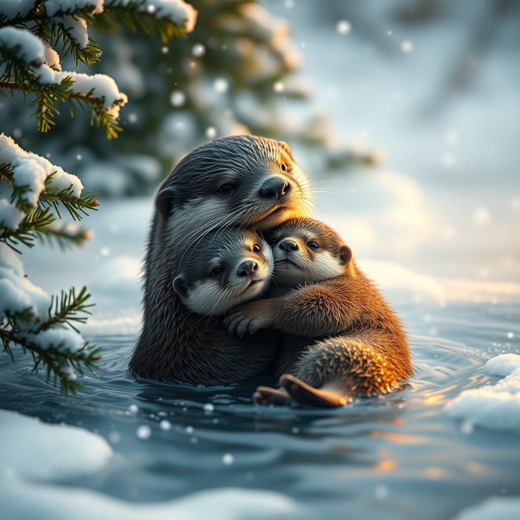 Motherly Otter Love in Serene Winter Wonderland