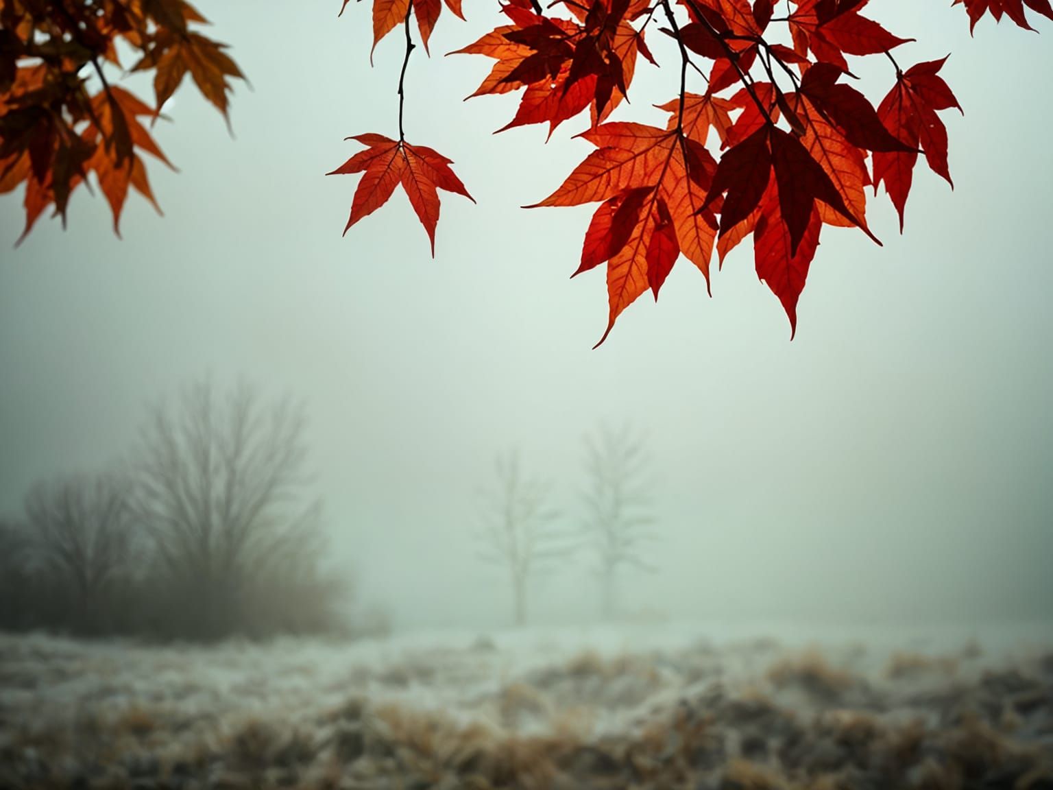 Crimson Maple Leaf Falling in Foggy Pasture