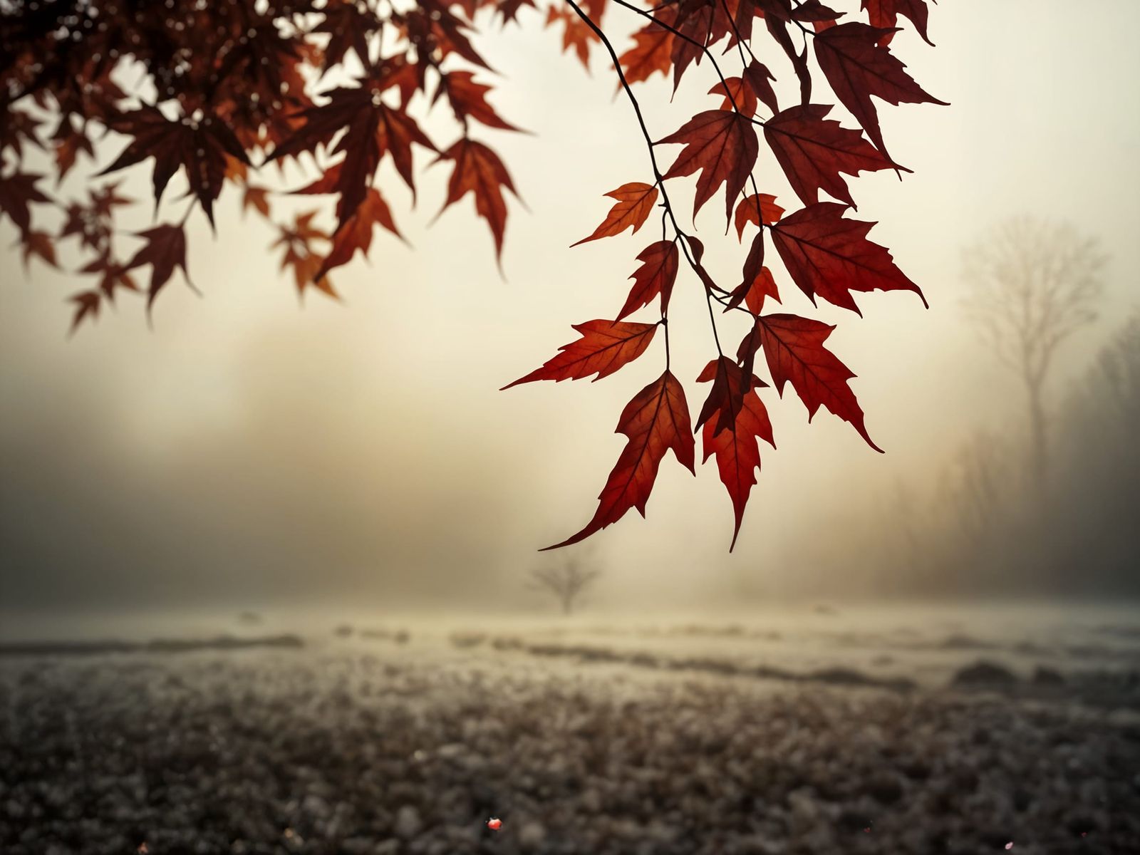 Crimson Maple Leaf Falling in Misty Morning Pasture