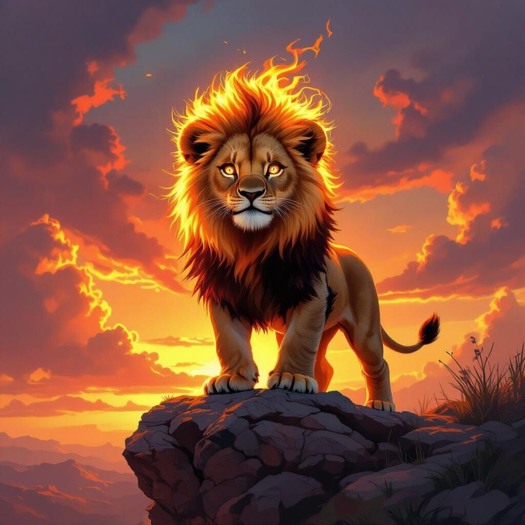 Fiery Lion Cub on Cliff in Fantasy Art Style