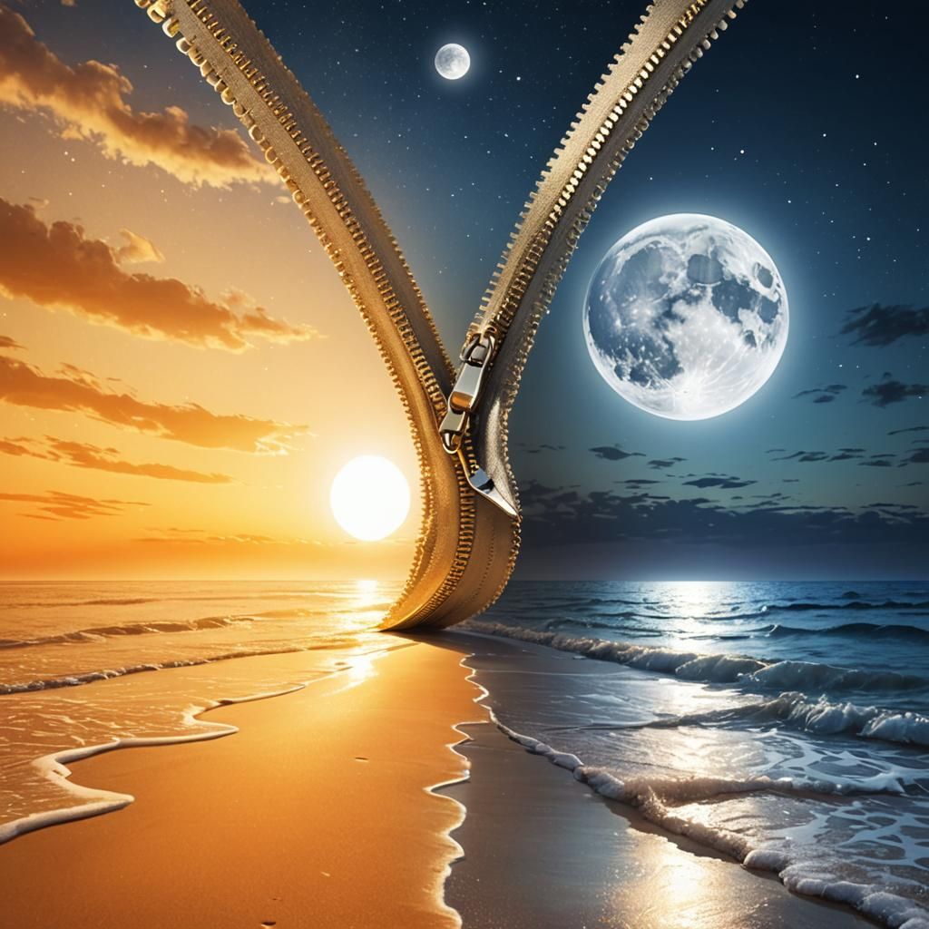 Surreal Beach and Moonlit Ocean Divided by Zipper